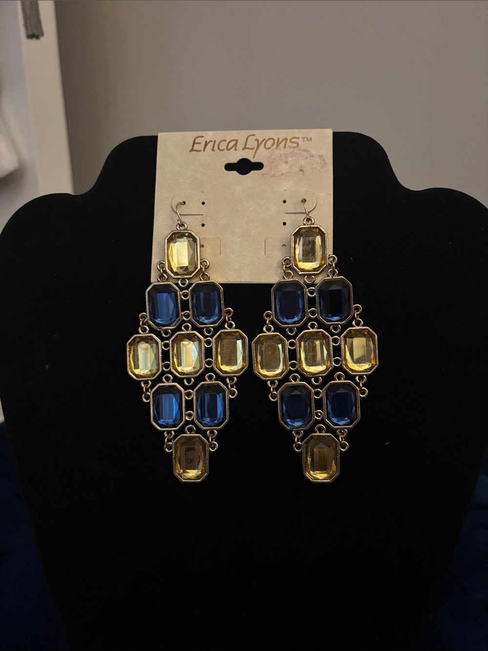 Erica Lyons Blue and Yellow Glass Chandelier Earrings